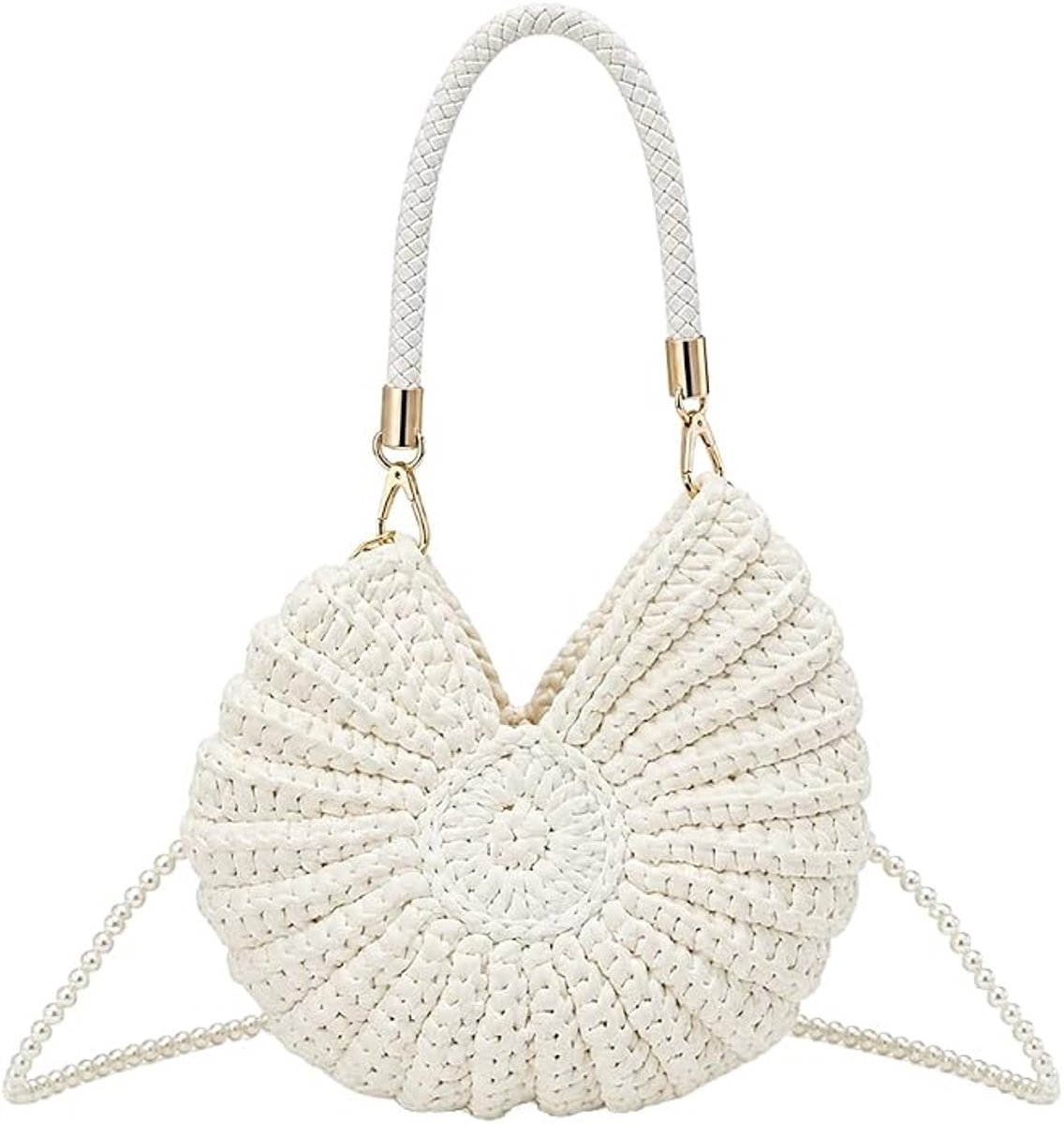 Schelpvormige tas, handgeweven gehaakte tas met kralenband, boho zomertas voor dames, ideaal voor zomervakanties, winkelen en dagelijks gebruik, schoudertas, wit