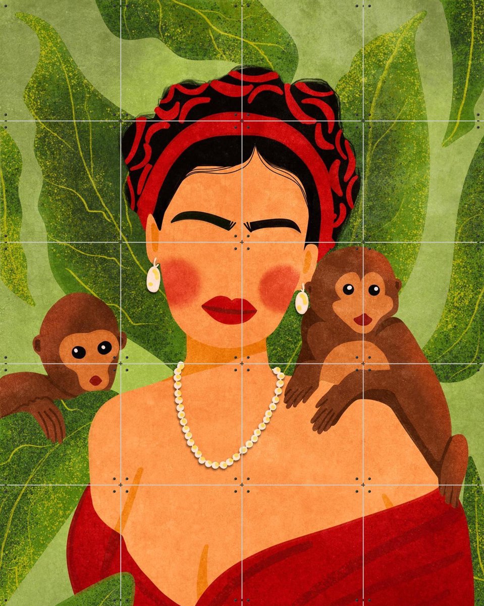 IXXI Frida and Monkeys, Raissa Oltmanns - 80 x 100 cm - Gratis ophangtool - Grote wanddecoratie en posters - Illustraties, Kleurrijk, Retro, Trap