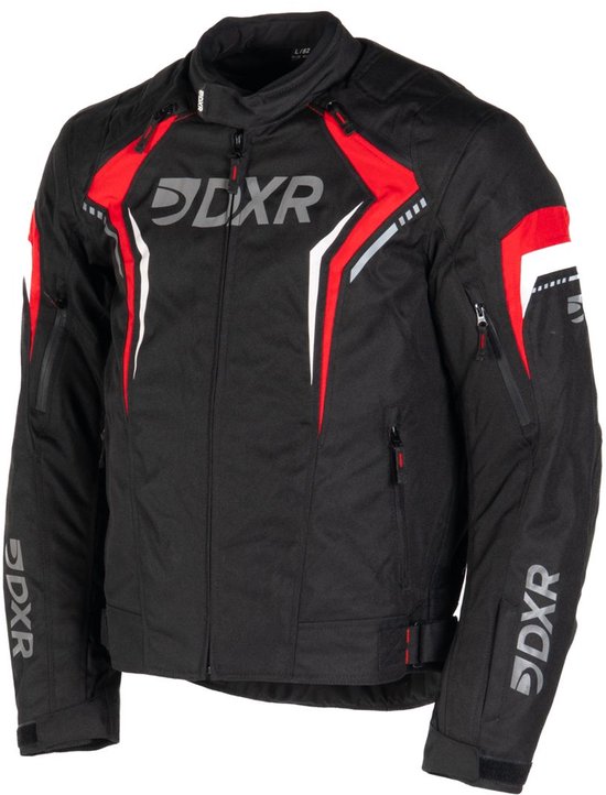 Zwarte motorjas met rode en witte accenten, met 'DXR' logo op de borst en mouwen. Maat XXL.