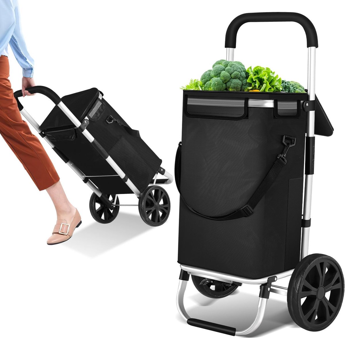 Boodschappentrolley, inklapbaar, met koelvak, capaciteit 40 l en 40 kg draagkracht, winkelwagen met opvouwbaar frame, afneembare tas en schouderdraagfunctie, robuuste handwagen voor winkelen