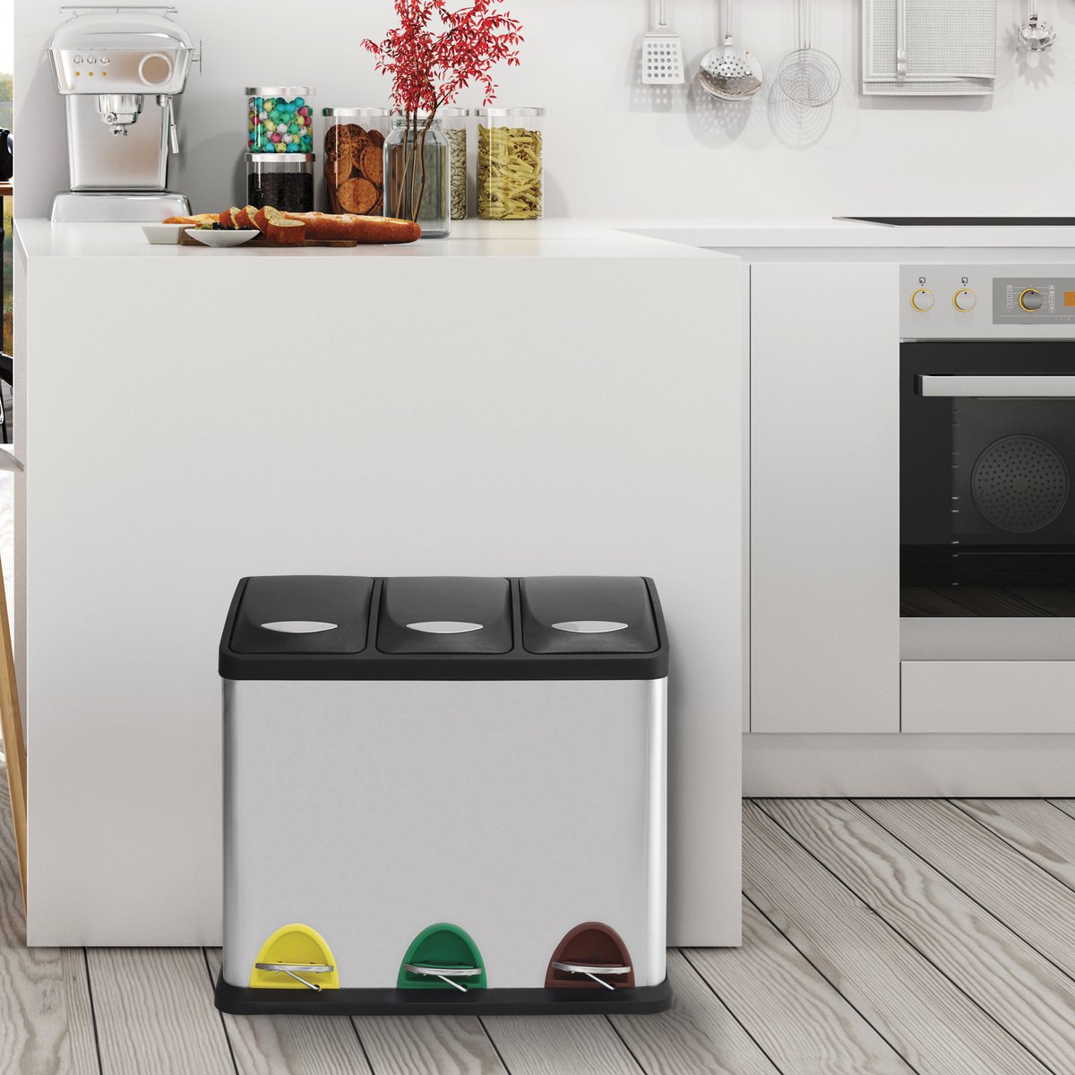 MSV Afvalemmer met 3 Compartimenten – Afvalscheidingssysteem Sorteeremmer 3x 8 Liter voor Keuken en Kantoor