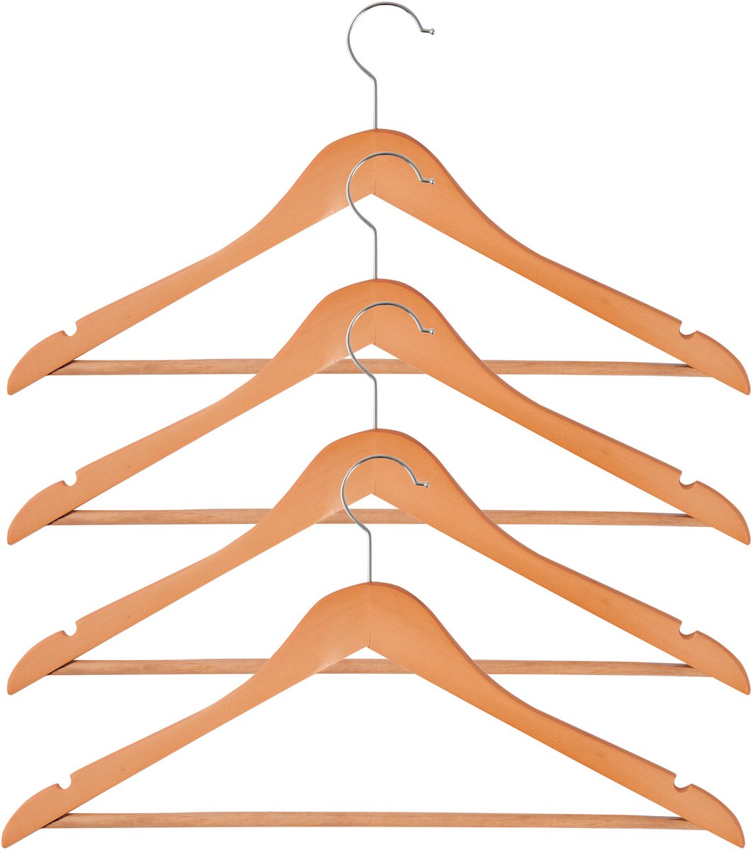 Houten Kledinghangers Set van 4 – Stevige Hangers Hout voor Jassen, Overhemden en Mantels – Vormvaste Houten Hangers