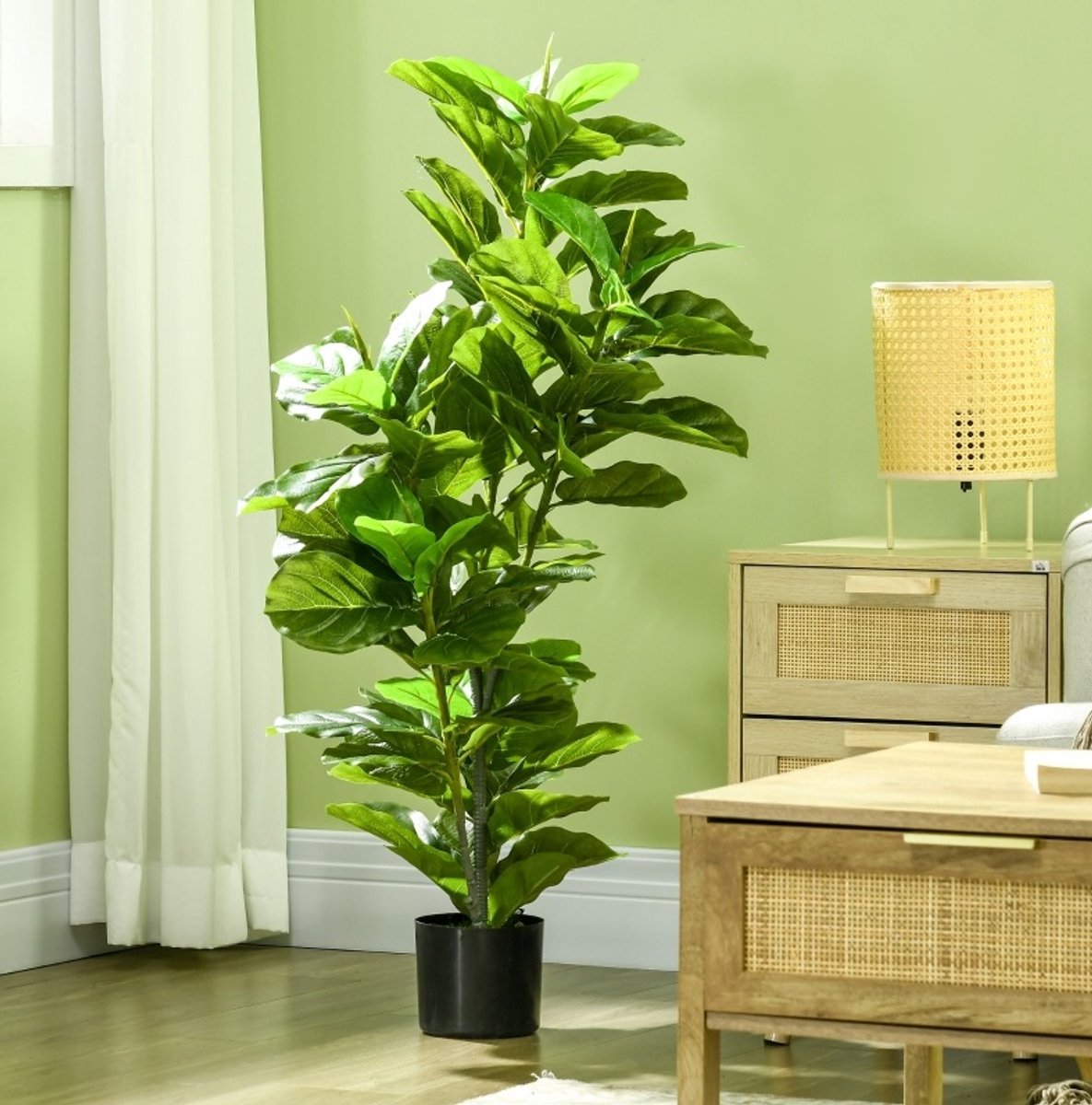 REDOM - Kunstplant - Künstliche Ficusplant met 90 bladeren - In pot met cementvoet en synthetisch mos - Voor binnen & buiten - Kunststof - Groen - 110 cm
