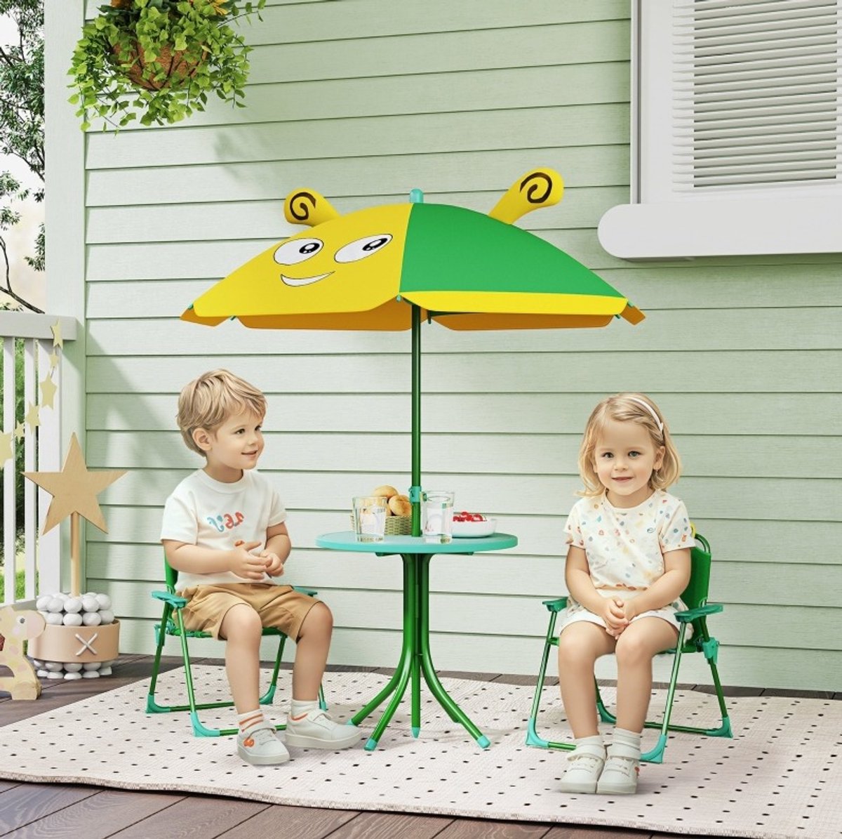 REDOM - Kindertuinstoelenset met tafel en parasol - 4-delig opvouwbaar - Verstelbare parasol - Biezenthema - Buiten - Metaal - Groen en Geel - 100 x 100 x 122 cm