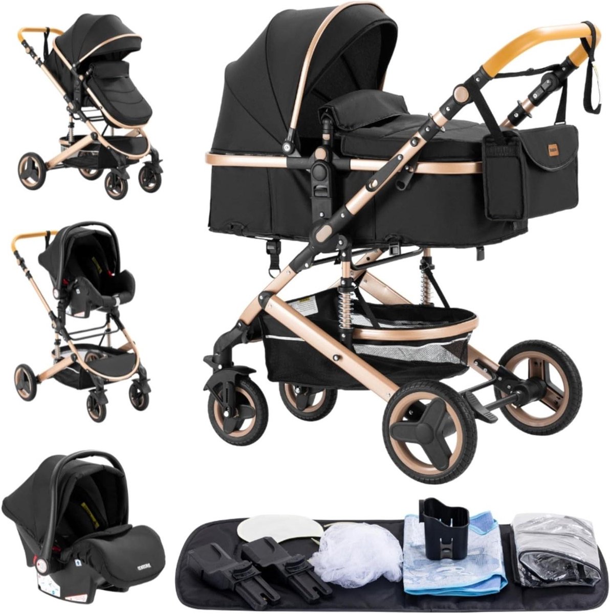 Kinderwagen 3-in-1 - Combi kinderwagen Reiswieg - Baby Vervoer - Dubbele Schokabsorptie - 60 x 40 cm - Zwart