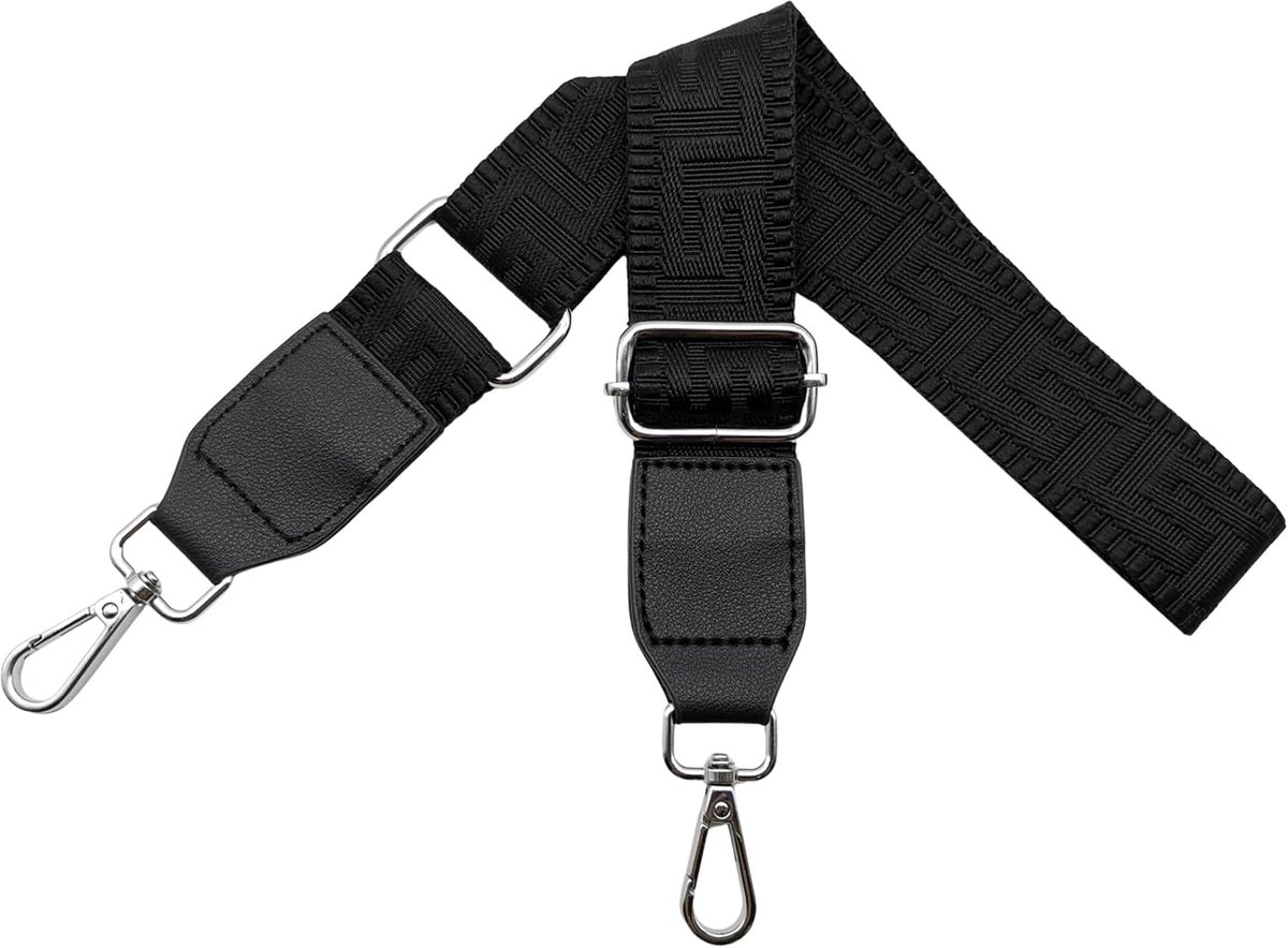 Schouderriem voor tas, tasriemen om te wisselen, verstelbare tasriem, breed 3,8 cm, met leer, zilveren karabijnhaak, tassenband, schouderriem voor dames, handtassen, zuiver zwart, T01