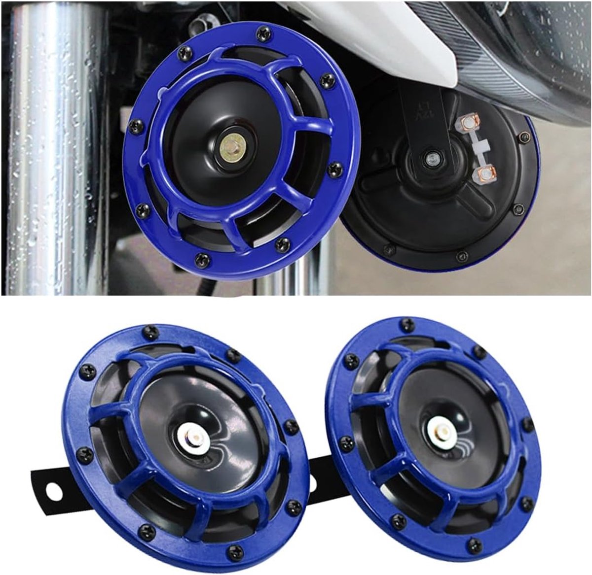 2 stuks autoclaxon, 12 V, elektrische lucht, dubbele hoorn met hoge bas, autoclaxon, dubbele metalen claxon voor caravans (blauw)