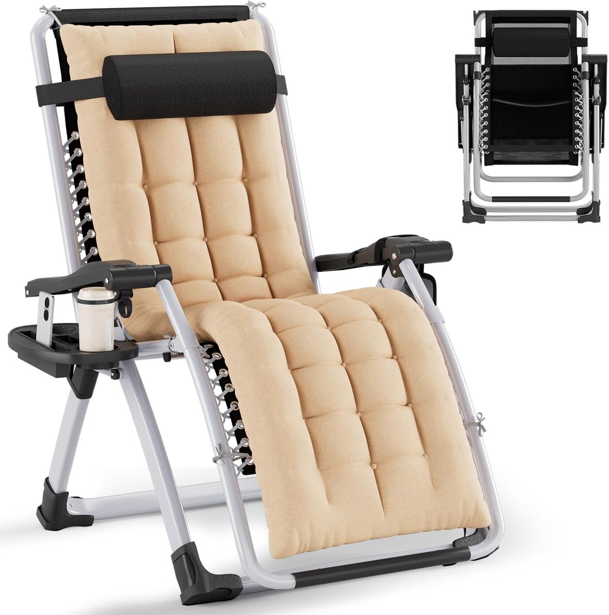 Zonneligstoel, inklapbaar en weerbestendig, extra brede tuinstoel, belastbaar tot 200 kg, ergonomische relaxstoel, verstelbare rugleuning, ligstoel met nekkussen en bekerhouder, beige