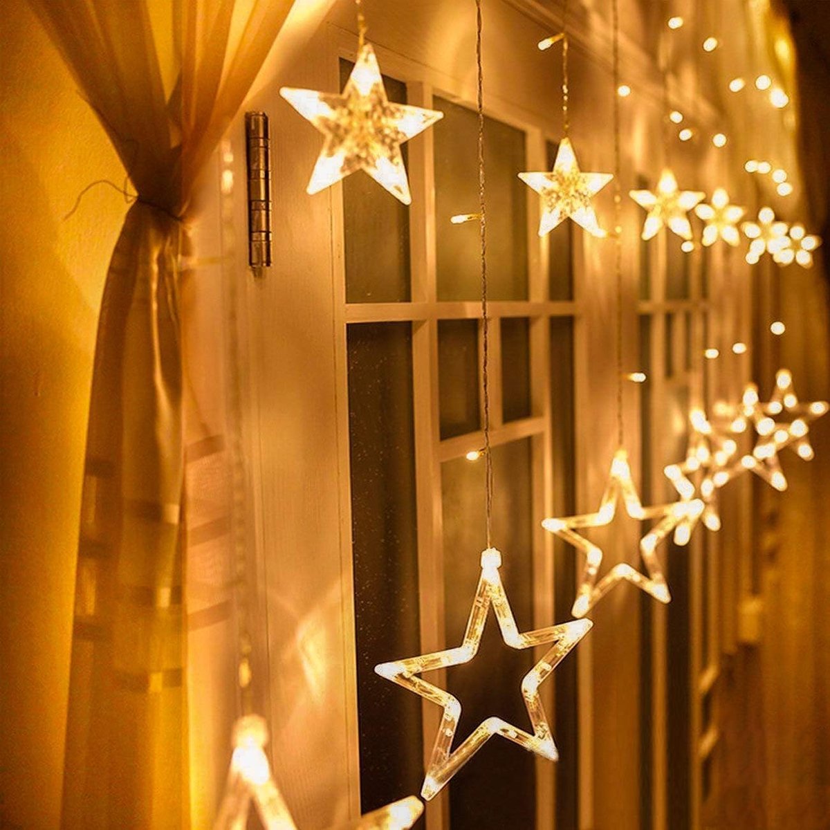 Lichtgordijn 12 sterren 2 m - 138 LEDs warmwit | sterrengordijn uitbreidbaar max. 21 sets, gordijnverlichting voor raam en kerst, 8 modi lichtketting [Energieklasse F]