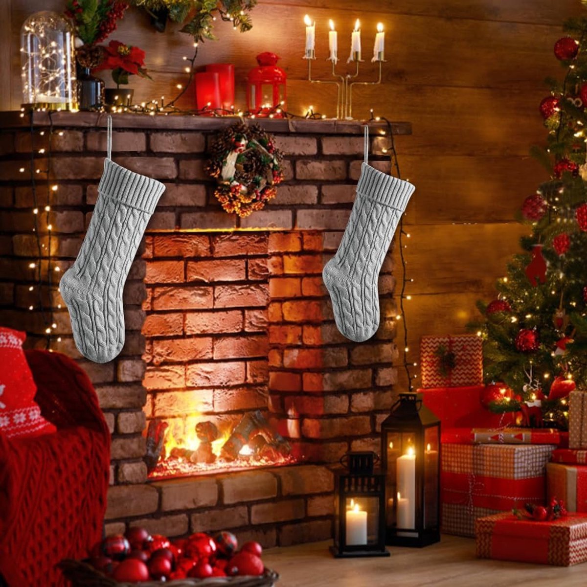 Kousen, grote maat kabel gebreide kerstkous voor kinderen, open haard hangende kousen voor familie vakantie feestdecoraties