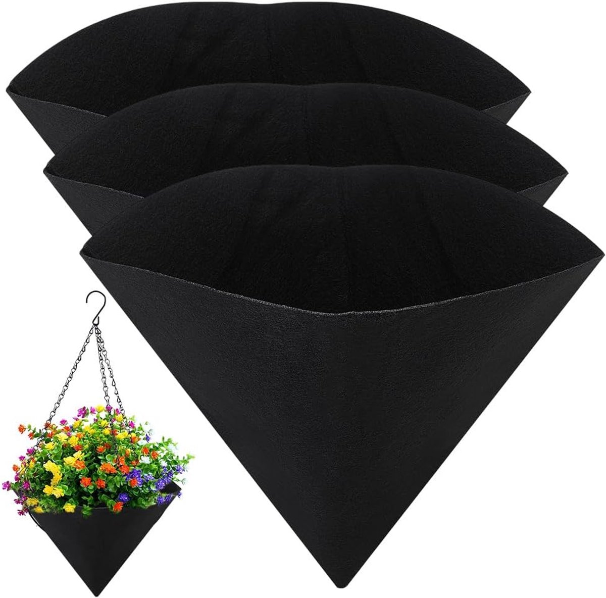 3 stuks kegelvormige hangende mandvoeringen, 30 cm stoffen plantenbakinzetstukken voor tuindecoratie, zwart vilt vervangende voering voor binnen buiten bloempotten groenten manden raamdozen