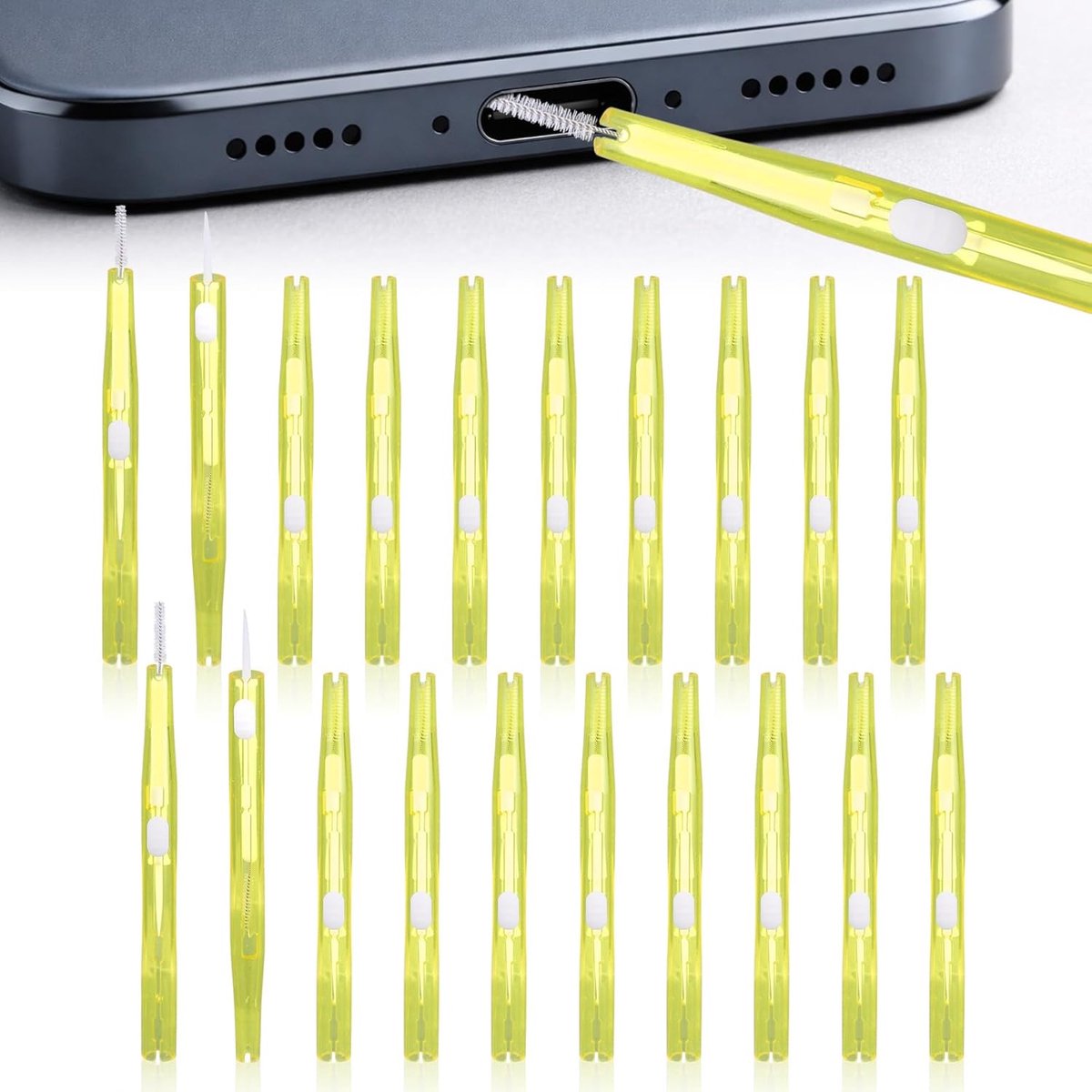 20 Stuks Telefoonreinigingsset, Dubbelzijdig Reiniger voor Oplaadpoort met Anti-Verstoppingsborstels en Haakje USB-C Poortreiniger voor Mobiele Telefoon Koptelefoon en Luidspreker (Geel)