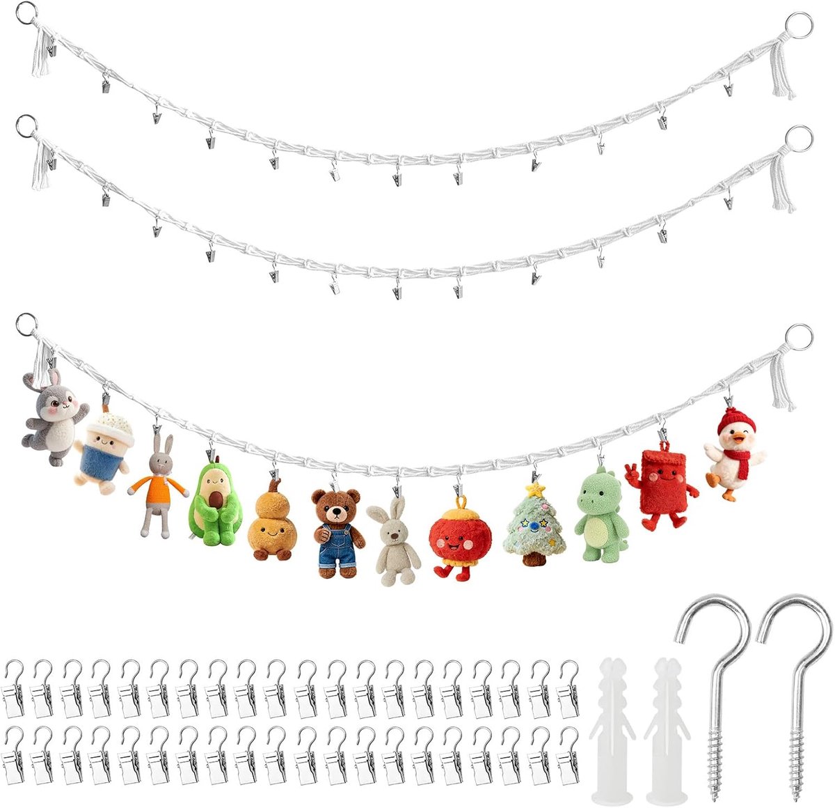 2 stuks hangende knuffeldierhouders 200 cm, handgevlochten touw, 40 metalen clips, met roestvrijstalen ringen, boho-knuffeldier, organizer, ketting, geschikt voor het ophangen van pluche