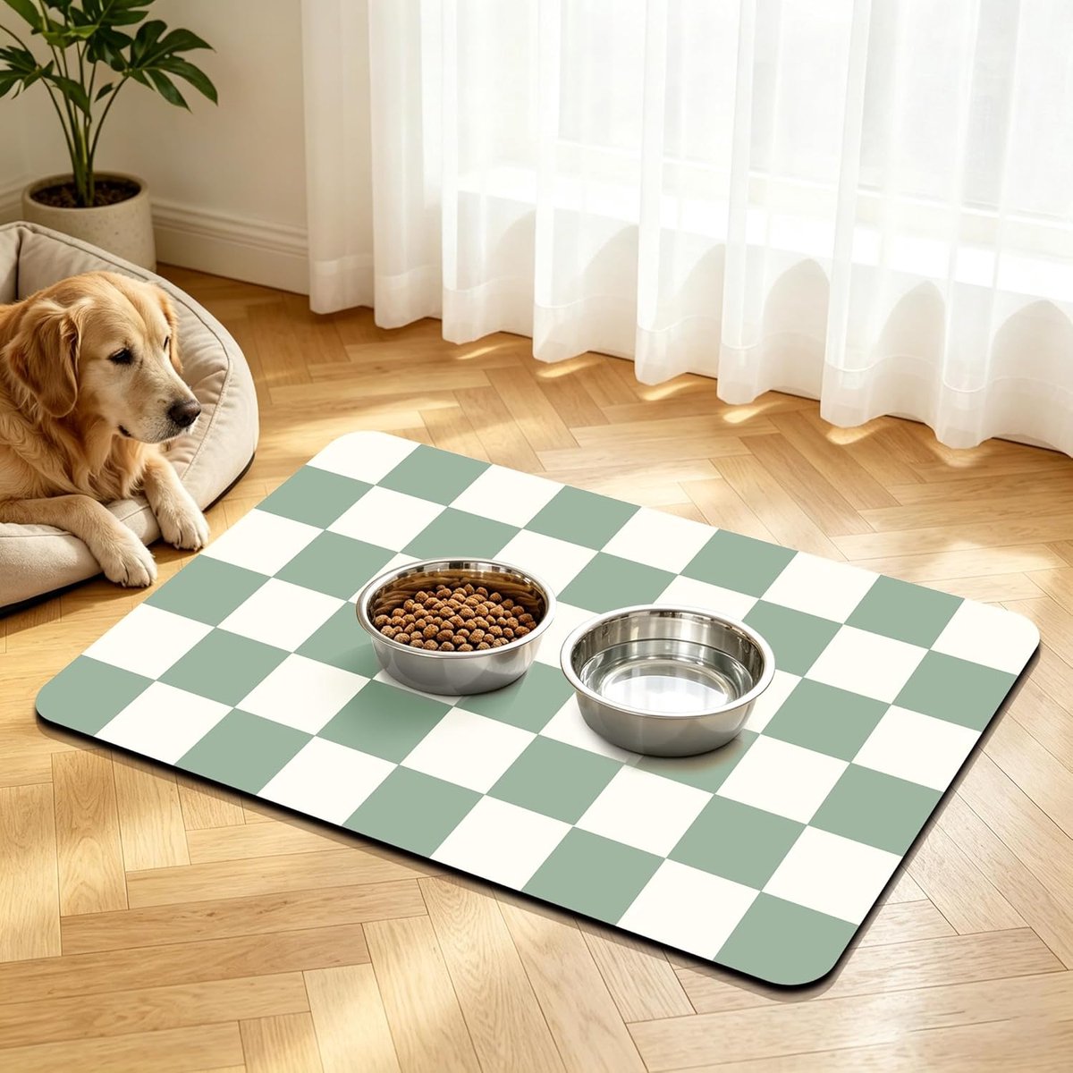 Voerbak Mat Voor Huisdieren, Antislip Honden Voer Waterbak Mat, Absorberende Geruite Kattenmat voor Voerbakken Huisdier, Hondenbak Mat (Groen, 60x90cm)