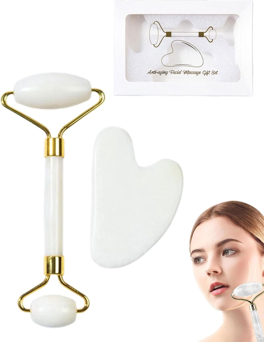 2 Gua Sha en roller, guasha voor gezichtsmassage, gezichtsmassageapparaat, gezichtsroller, jaderol, voor ontspanning van nek- en lichaamsspieren, met geschenkdoos, wit