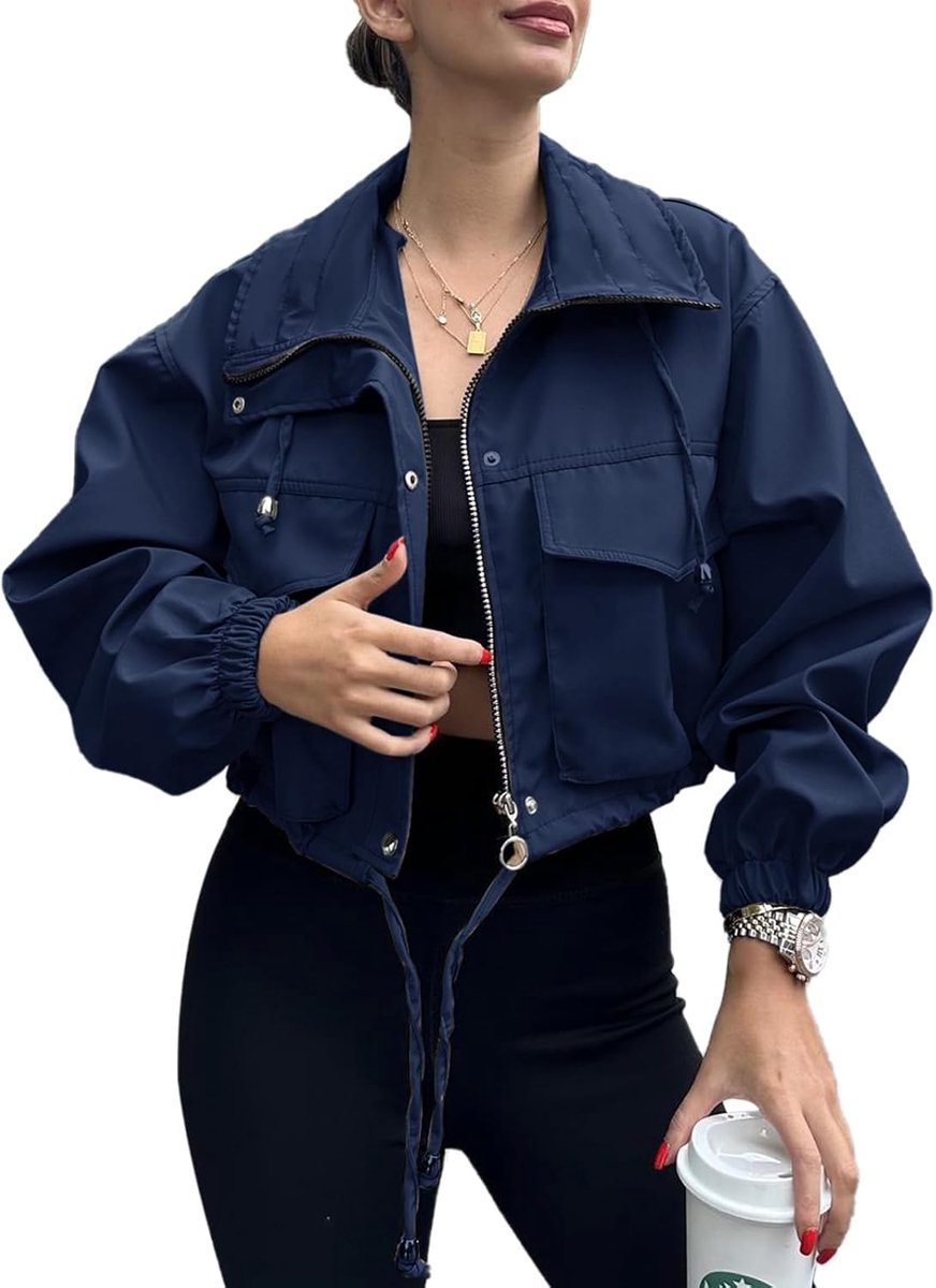 Dames Crop Zip Up jas oversized lange mouwen anorak jas met zakken ritssluiting kort bomberjack