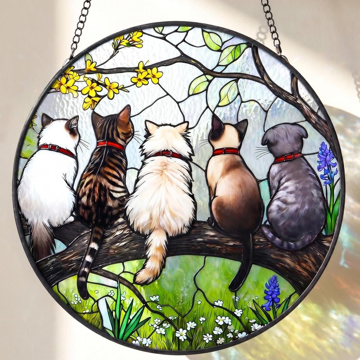 Zonnevanger om op te hangen, 5 katten gekleurd glas zonnevanger, 20 x 20 cm | Raamdecoratie met ketting en haken, Suncatcher voor woonkamer, tuin, slaapkamer, kerstfeest, creatief cadeau-idee