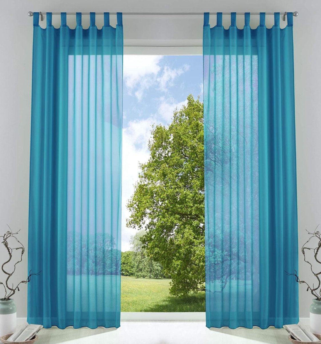 Set van 2 gordijnen, transparant, vitrage met loodbandsluiting, 100% polyester, turquoise, H x B 245 x 140 cm