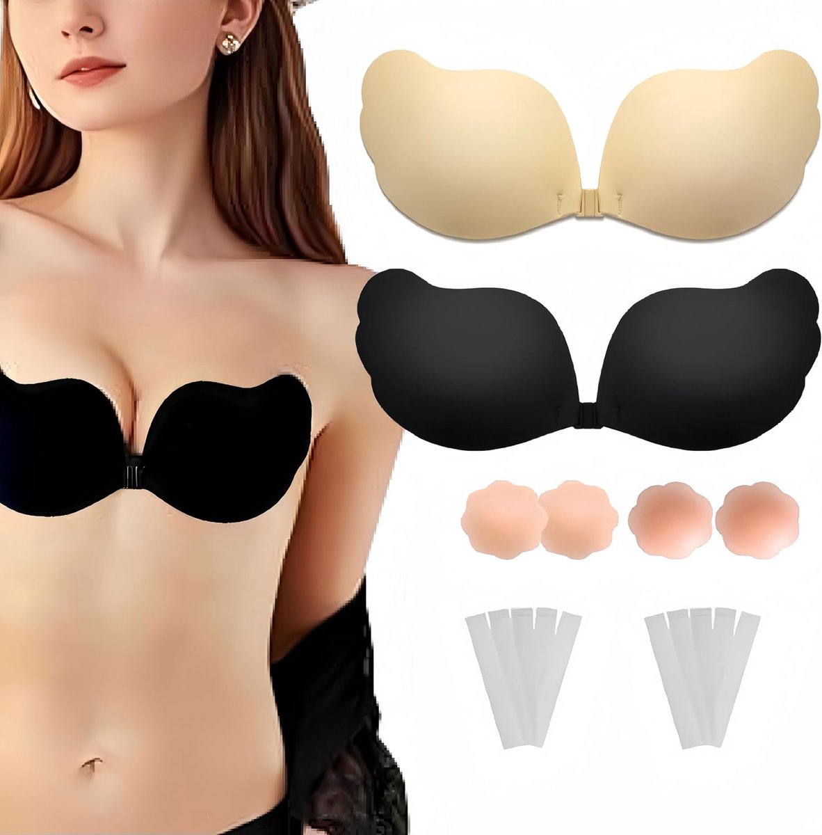 Set van 2 plakbeha, push-up zonder bandjes (beige/zwart), onzichtbare zelfklevende beha met 4 tepelpads en 10 lichaamsbanden voor alle borstmaten, ideaal voor avondjurken en bruiloftsjurken