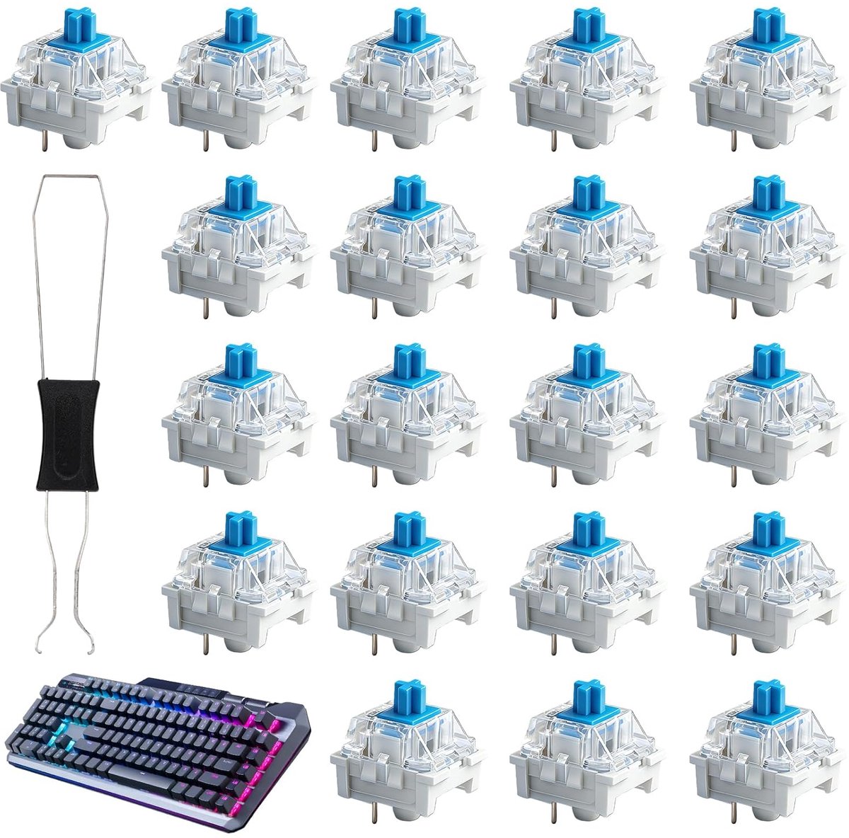 20 stuks transparante blauwe asschakelaars met trekker, switches, toetsenbord, voor gaming-toetsenbord en pc-accessoires, toetsenbordaccessoires voor gaming en kantoor