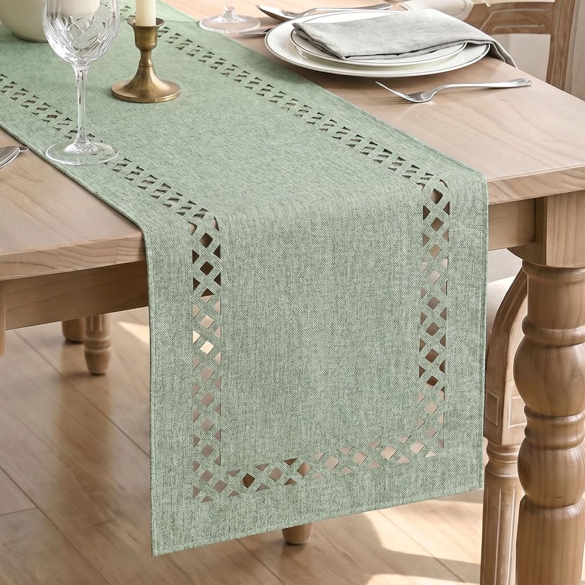 Mode Salie groen rustieke landhuisstijl boerderij geometrisch lente tafelloper 40 x 240 cm, zomer tafeldecoratie vakantie party decor