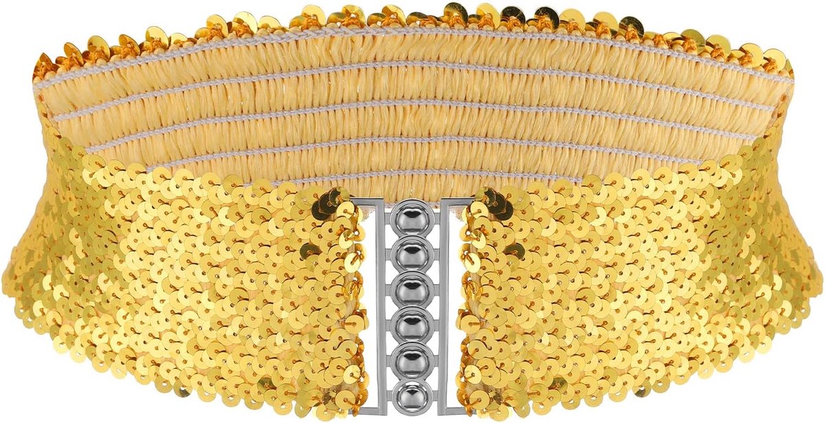Carnaval Disco Pailletten Brede Grove Riem Met Metalen Gesp - Sprankelende Gouden Elastische Taille Cinch voor 70s 80s Kostuum Party