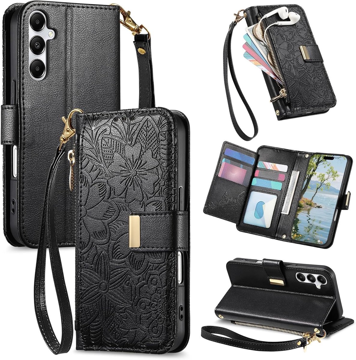 Telefoonhoesje voor Samsung Galaxy A16, PU-lederen opvouwbare standaardfunctie, magnetisch klaphoesje met kaartzak en rits, portemonneehoesje met patroon - zwart