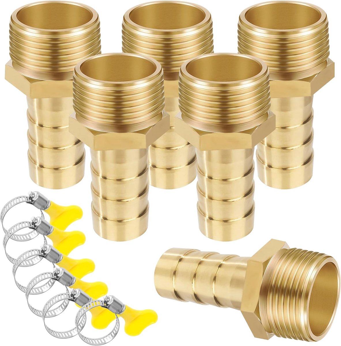 Slangverbinder, 6 stuks 12 mm barx 3/4 inch mannelijke slangconnector van messing, slangverbinder-adapter met klem voor water, gas, lucht