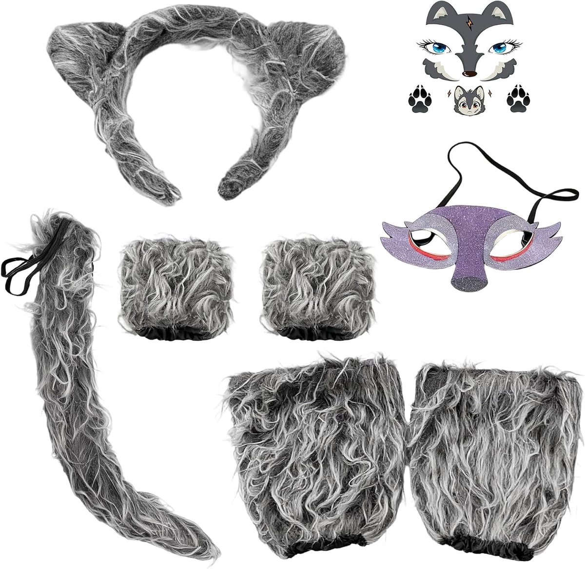 Wolvenkostuum voor kinderen, pluche carnavalskostuum voor jongens en meisjes, wolvenoren en staart, masker, beenwarmers, vingerloze handschoenen, wolvengezichtstatoo, dierenkostuum voor Halloween