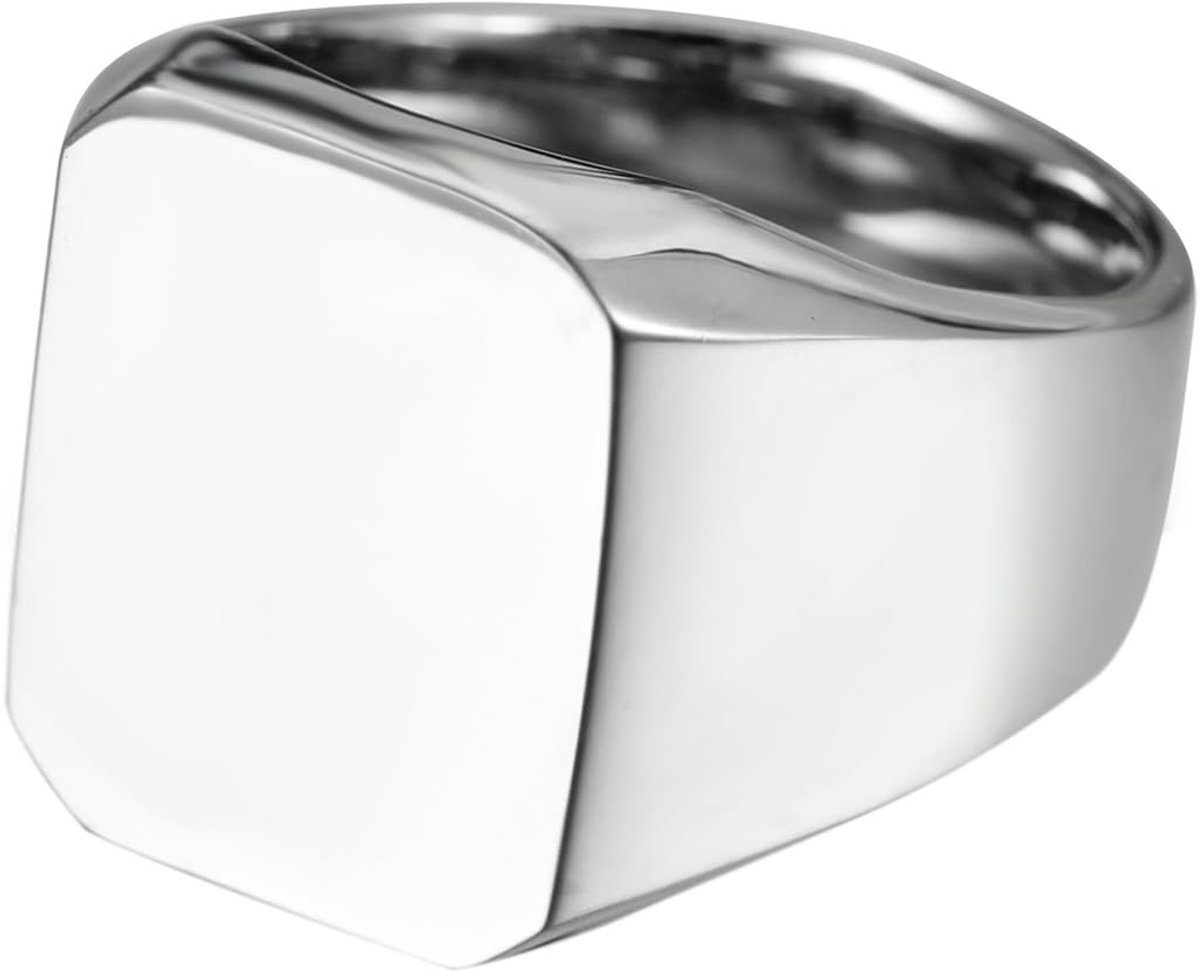 Sieraad bikerring voor heren, roestvrij staal, gepersonaliseerd, glanzend gepolijst, zegelring, vierkant, met gravure, zilver/goud/zwart, maat 52 tot 78