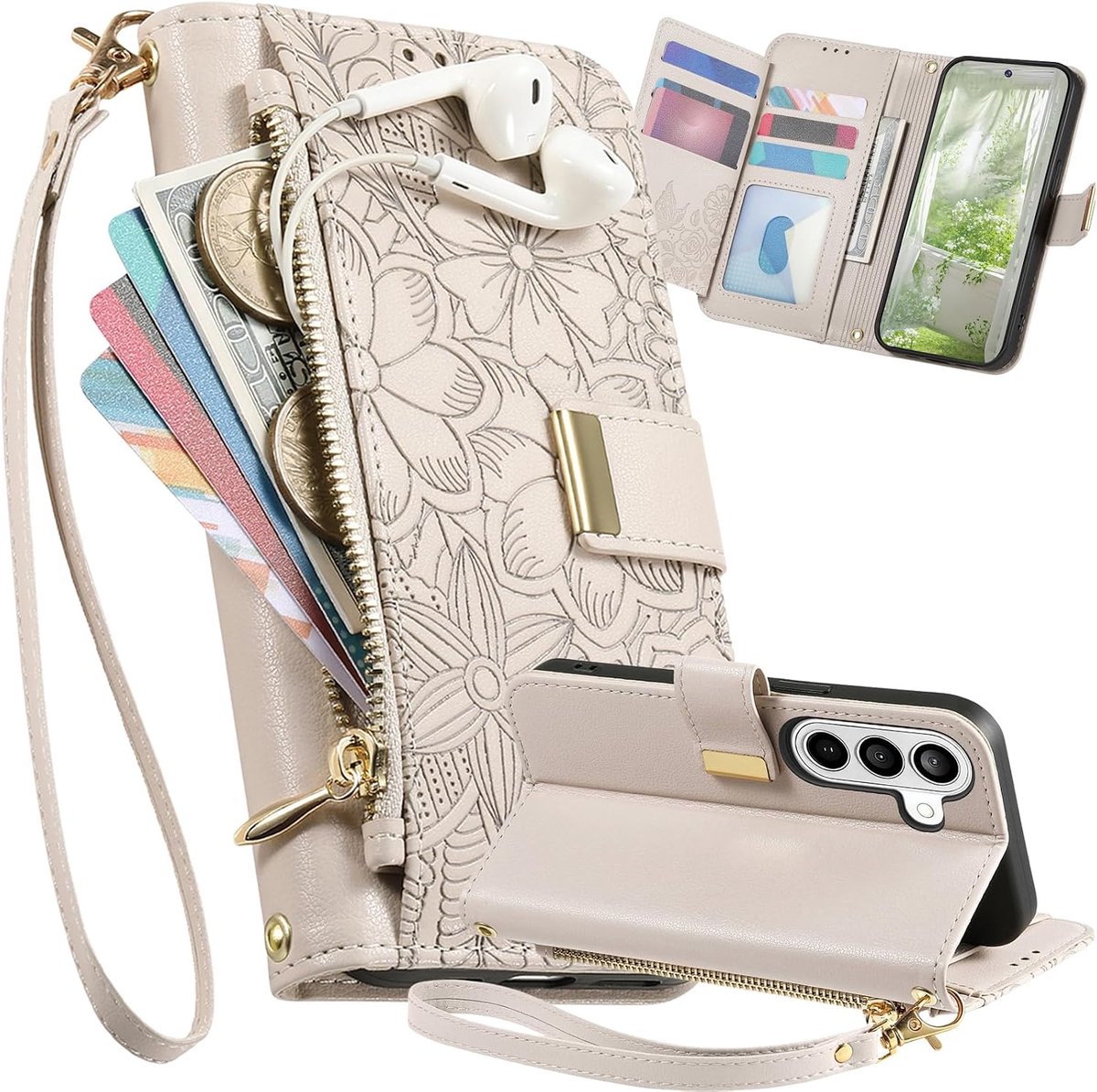 Hoesje voor Samsung Galaxy A57 met Polsband HYY Wit | Dames bloem reliëf PU Leather Klaphoesje met Standaard en Rits kaartsleuf, Schokbestendige Beschermhoes voor Galaxy A57