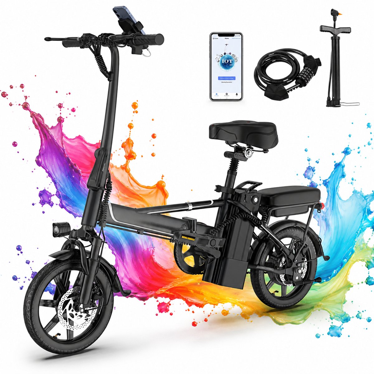 14''Opvouwbare Elektrische Fiets 500W Borstelloze Motor, 48V 10,4Ah Lithium‑ion Accu, Mini E‑fiets met Twee Zitplaatsen voor Volwassenen