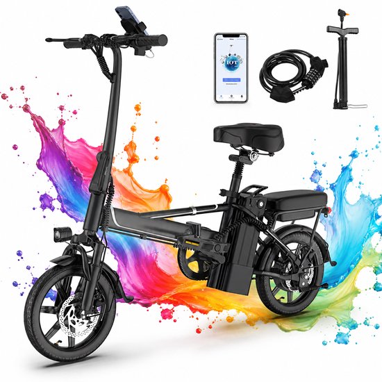 Zwarte opvouwbare e-bike met spatten van paarse, oranje en gele verf. Inclusief smartphonehouder, fietspomp en slot.