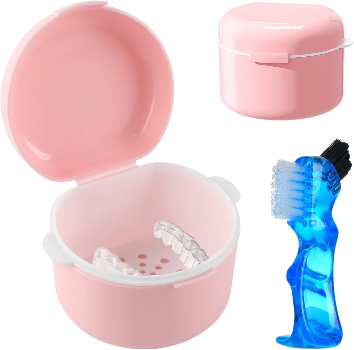 Tandprothesedoos met protheseborstel, prothesedoos van PP-kunststof, tandprothesebox, tandspalkbox, Dental Pod, tandbeugeldoos, onzichtbare tandbeugel opbergdoos voor houder
