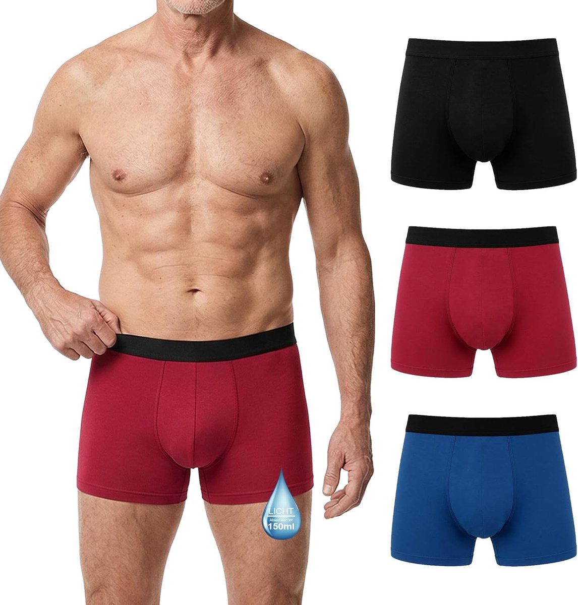 Heren Incontinentie Ondergoed Katoen: Wasbare Boxershorts met Lekbescherming 150 ml Herbruikbaar voor Nacht Ouderen 3-Pack Multicolour 2XL