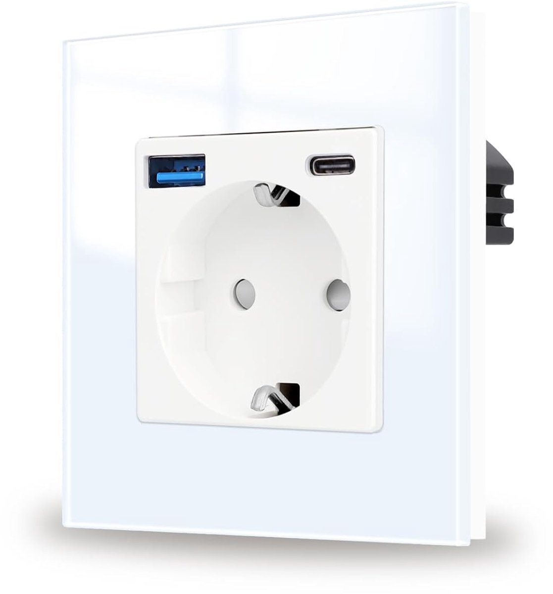 Stopcontact, glas, met USB, 20 W, snel opladen, wit, inbouw, enkelvoudig, 16 ampère-stopcontacten met USB A en type C max. 3,1 A, 86 x 86 mm, 250 V