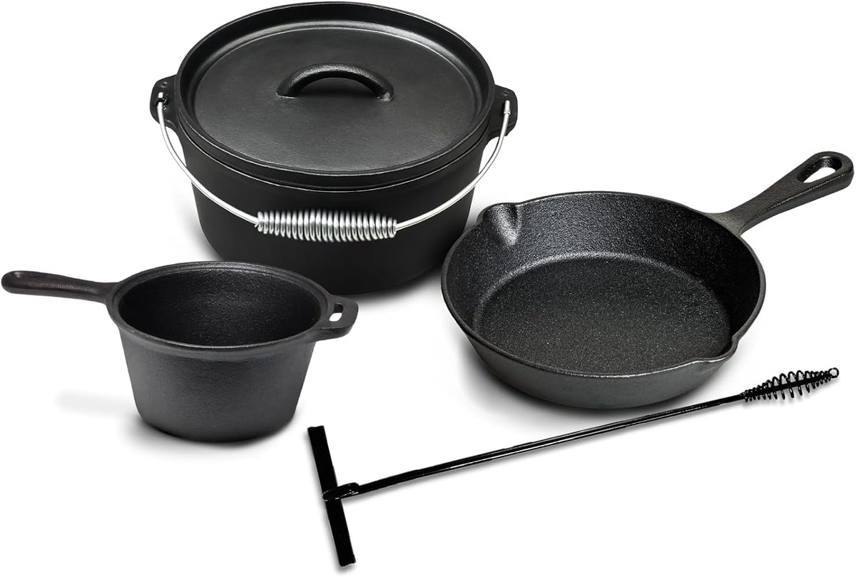 Cast Iron | Dutch Oven BBQ Set | Gietijzer | Braadpan 25 cm Koekenpan 20 cm Steelpan 18 cm | Inclusief Deksel Lifter | Voor BBQ en Kampvuur