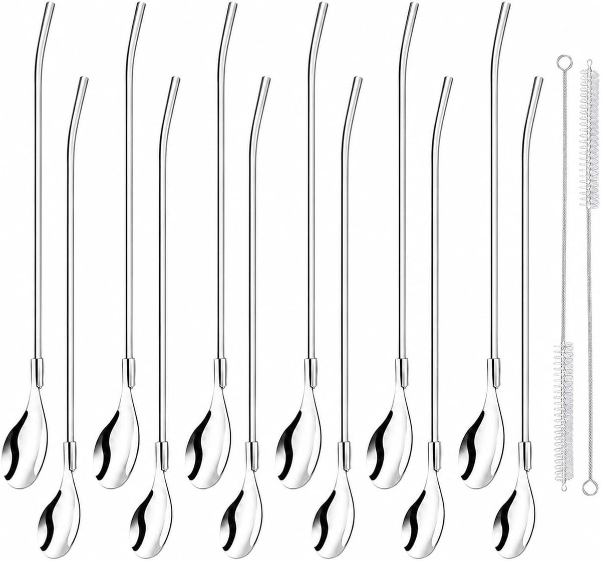 12 stuks rietjes 2-in-1, 22 cm rietje en lepel, herbruikbaar, van roestvrij staal, set met 2 reinigingsborstels voor cocktailshaker, smoothies, slamelk en gemengde dranken