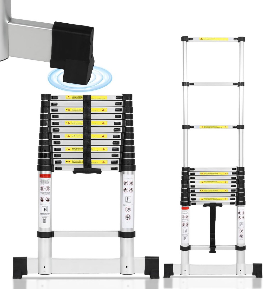 Telescopische ladder, 5 m, met stabilisator, uittrekbare ladder, antislip aluminium ladder, multifunctionele ladder, 150 kg belastbaarheid