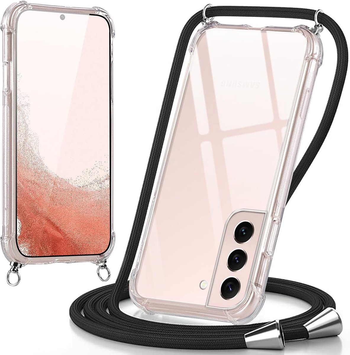 Telefoonhoesje met koord voor Samsung Galaxy S22 5G, mobiele telefoonband om te hangen, transparante TPU, schokbestendig, siliconen telefoonhoes met ketting voor Samsung S22 5G, zwart