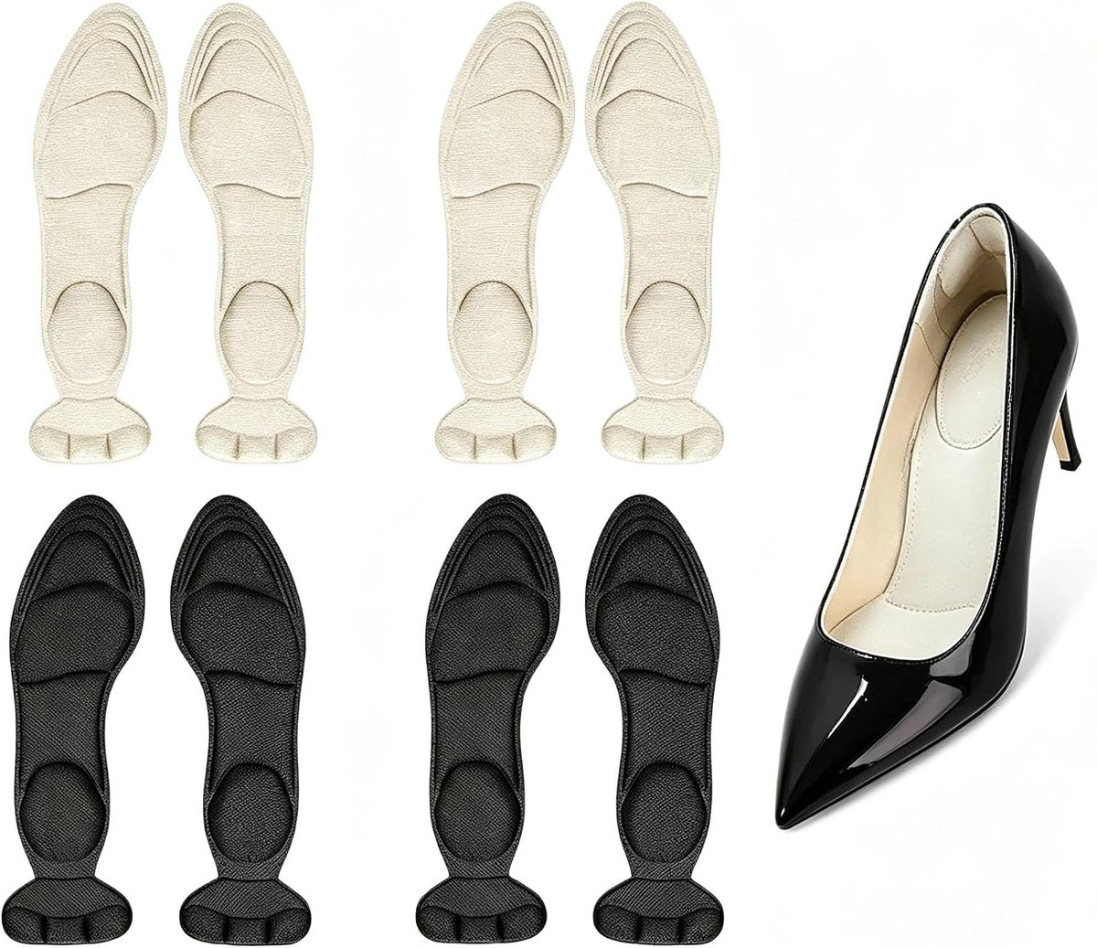4 paar inlegzolen voor dames, hoge hak en grotere schoenen, kussenvullingen, zwart en beige, maatverkleiner voor losse schoenen, pijnverlichting van de voetboog en voetpijn (EU 35-40)