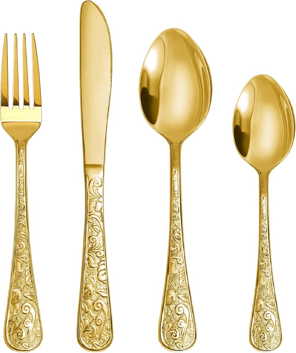 24-delige Goud vintage bestekset voor 6 personen, roestvrijstalen servies met mes/vork/lepel, bestekset voor huis en keuken, keukengereiset, spiegelgepolijst