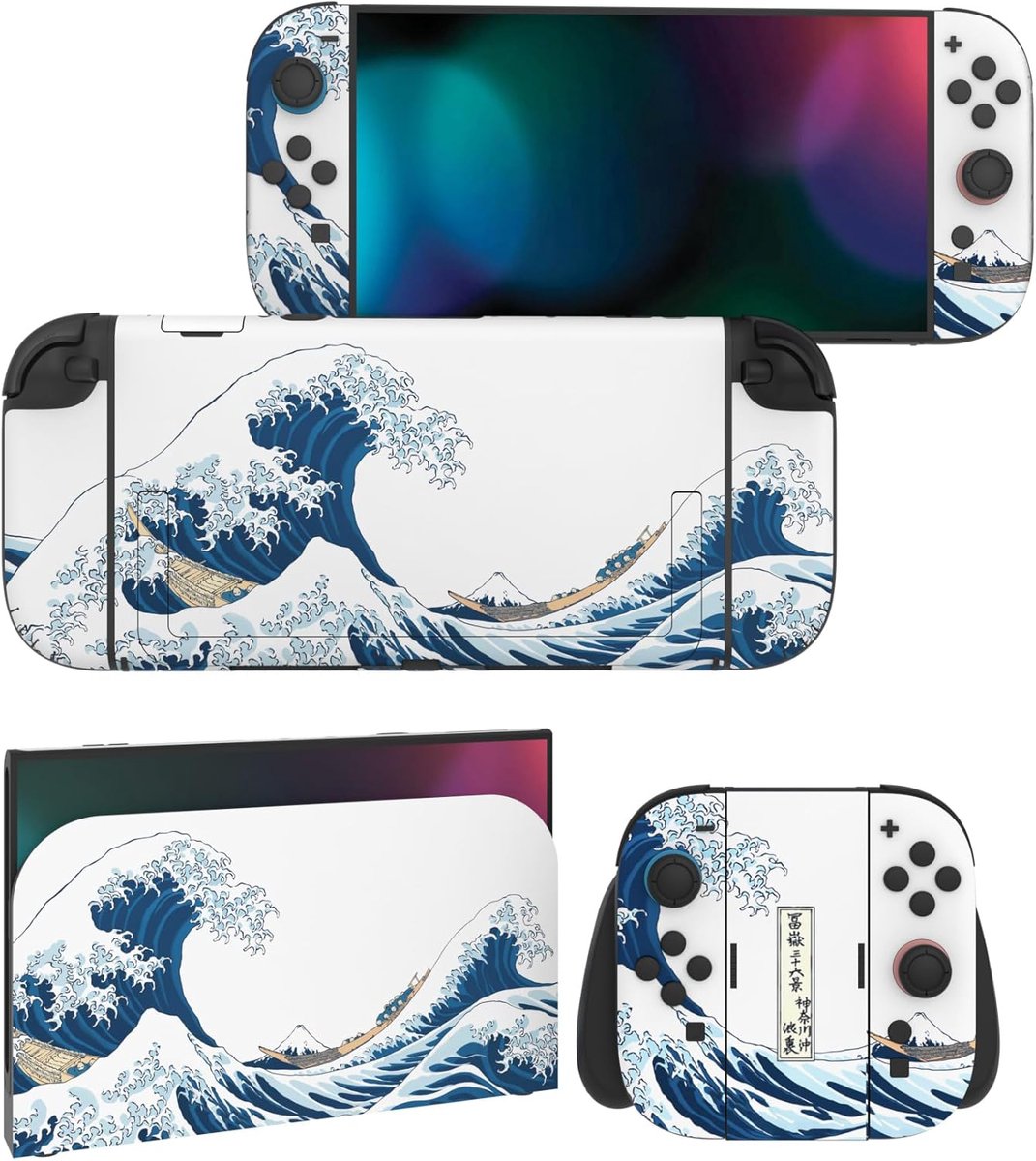 2 Complete Sets Aangepaste Vinyl Decal Stickers voor Nintendo Switch 2 2025 - Beschermhoezen voor Console, Dock en Handgrepen, Volledige Bescherming & Stijl (De Grote Golf van Kanagawa)