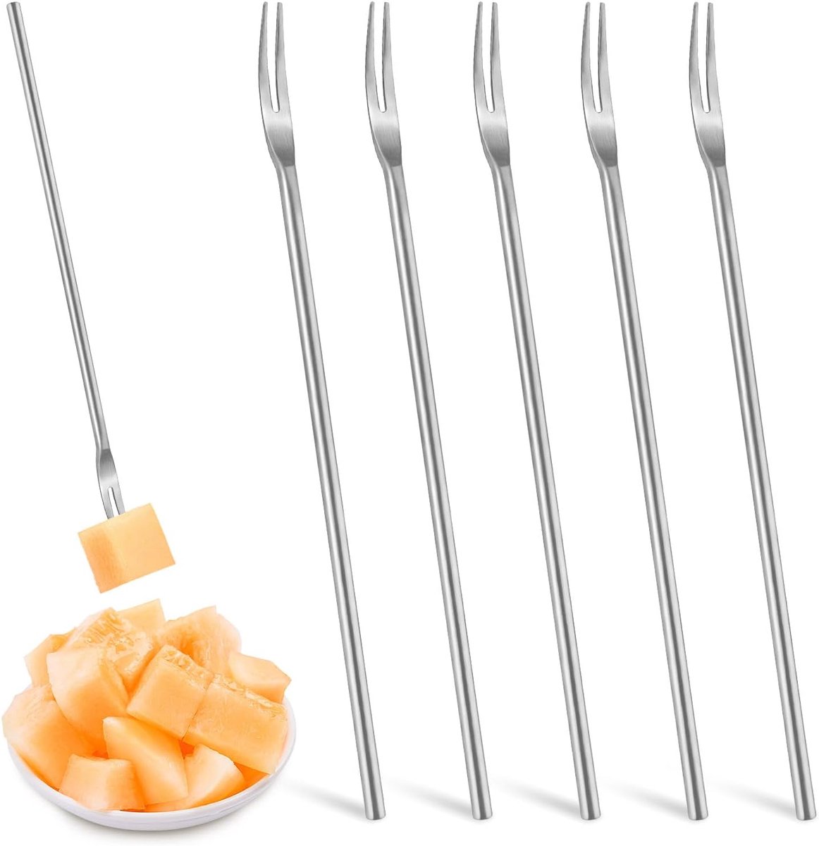 5 stuks 8,6 inch roestvrijstalen fruitvorken, 2-Tine lange vorken om te eten, ronde stevige handgreep augurkplukkers grijper gereedschap voor pot dessert voorgerecht cocktail olijven groenten, zilver