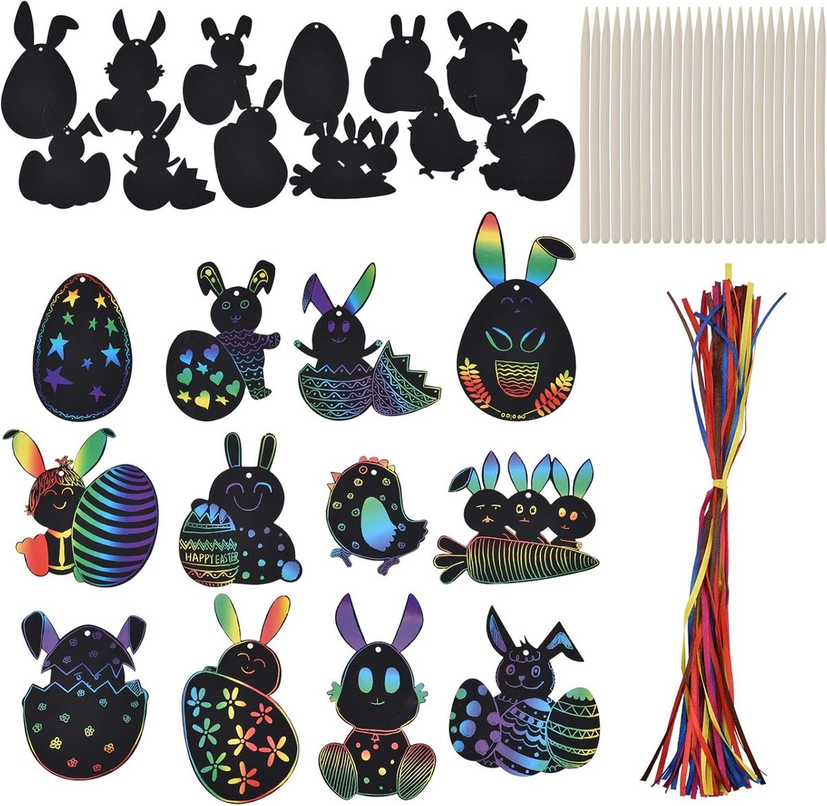 48 stuks Paashas-krasplaatjes, Magische Kleurrijke Regenboog-Scratch-Papierkaart, Scratch Crafts voor Kinderen, Paashaas-Kuikenvorm met Linten, Krasstift, Scratch Art voor Paasfeest Party Decoratie