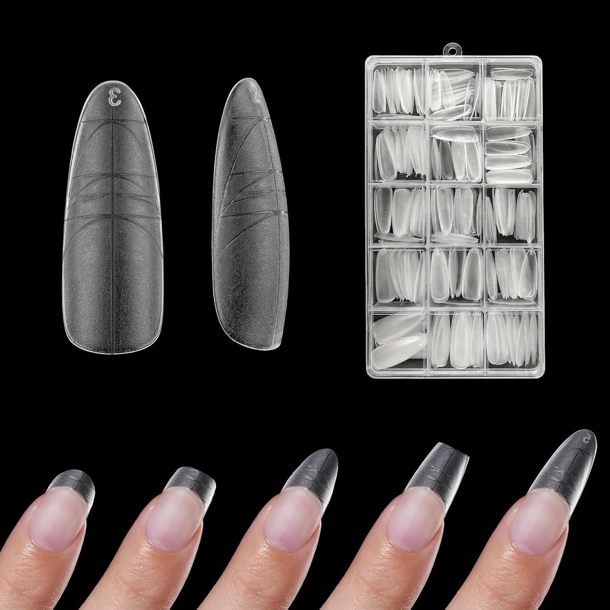 nagels, ZAHRVIA Guiding Line volledige matte nageltips, 300 stuks, 12 maten, extra dikke lange amandelpress-on-nepnagels voor gelextensies, volledige dekking, naadloos, nauwkeurige
