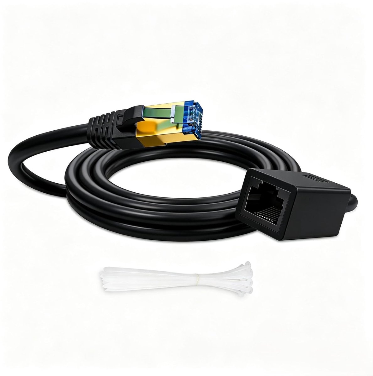 1m CAT 7 Ethernet-Verlengkabel, RJ45 Stekker naar Vrouwelijke Netwerkkabel, 10Gbps 600MHz Patchkabel, S/FTP LAN-kabel voor CAT6/CAT6a/CAT5, Switch, Router - Zwart, met 25 Kabelbinders