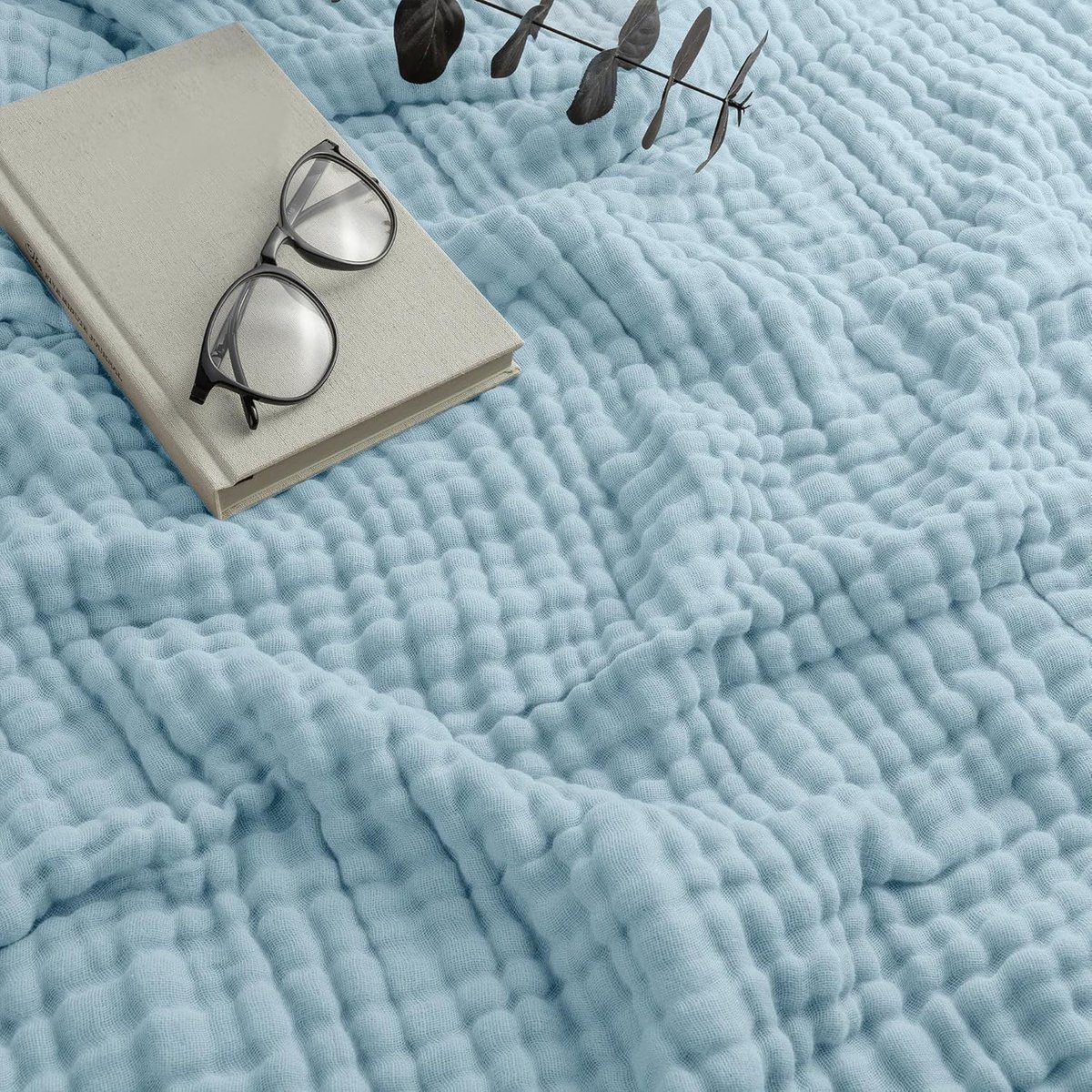 Deken 150 x 200 cm, Muslinedeken voor Volwassenen, Zomer, Zachte & Ademende Katoenen Deken, Knuffeldeken van Katoen, Lichte Sprei voor Bed, Sofa en Bank (Hemelsblauw)