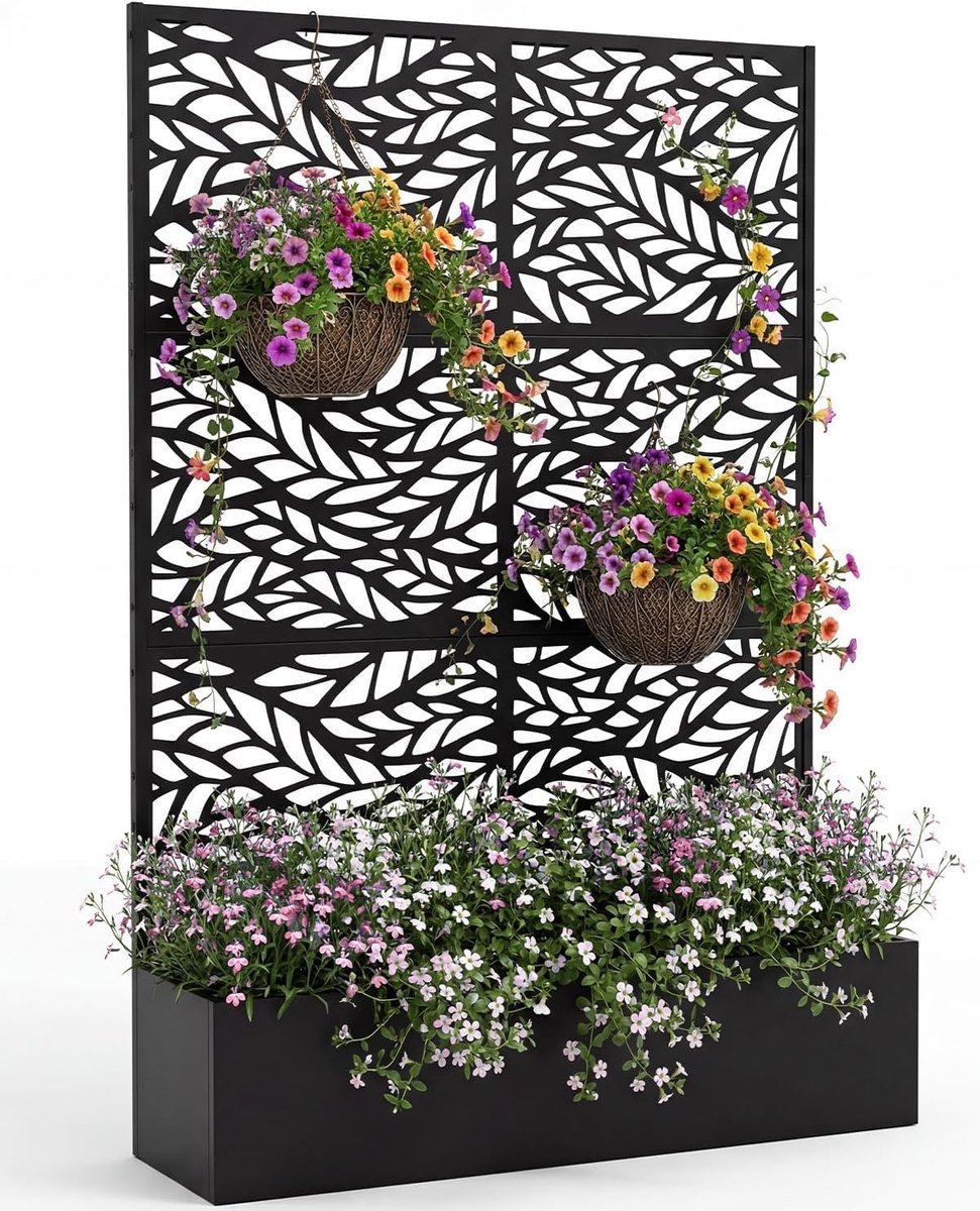 Verhoogde plantenbak van metaal met latwerk – Tuinbak voor alle weersomstandigheden - Decoratief zichtscherm - 180 × 112 × 40 cm - Zwart