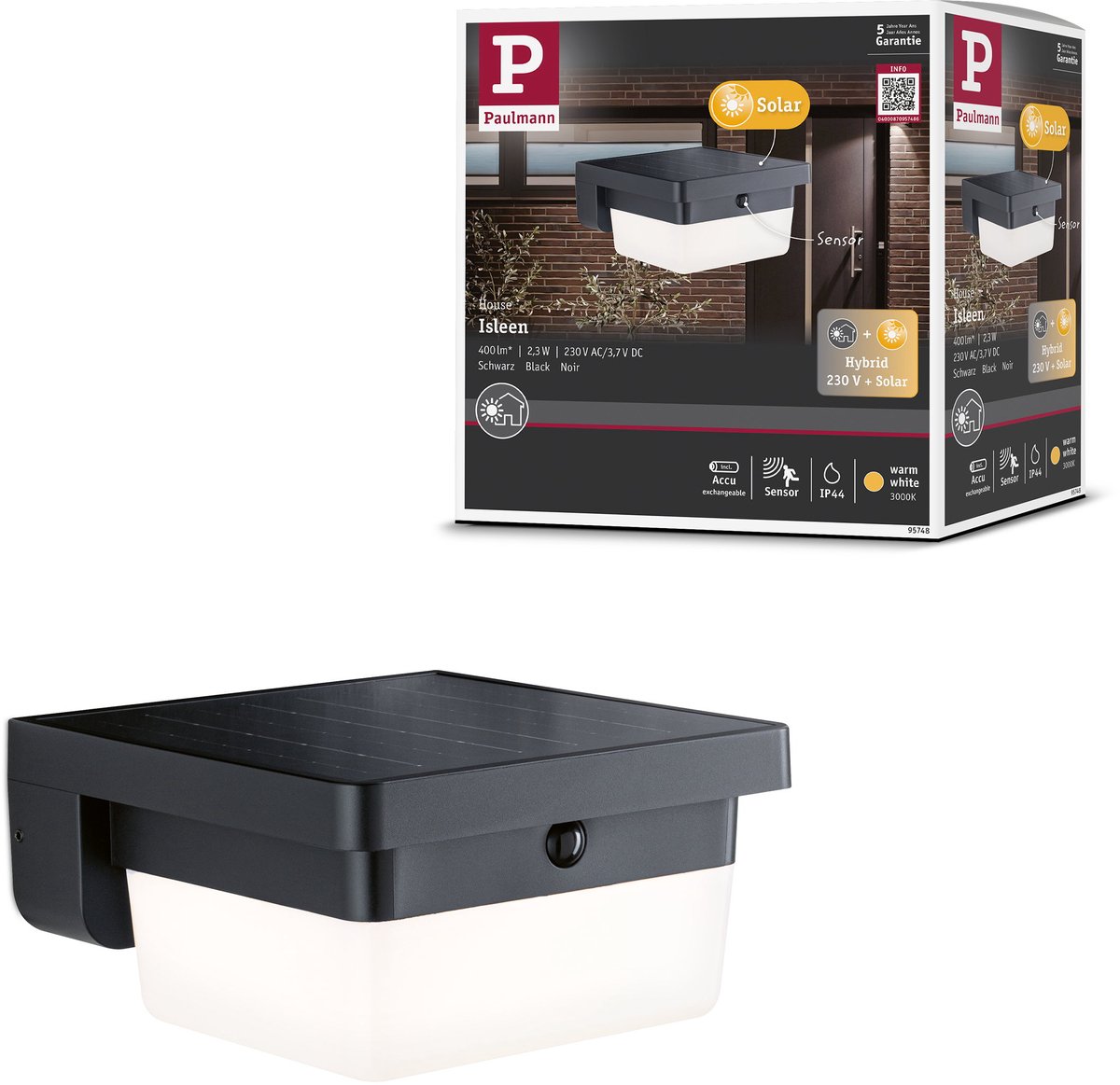 Hybrid LED-wandarmatuur voor buiten Isleen House 230V + Solar IP44 hoekig 163x163 mm 3000K 2,3W 230lm 230V Zwart
